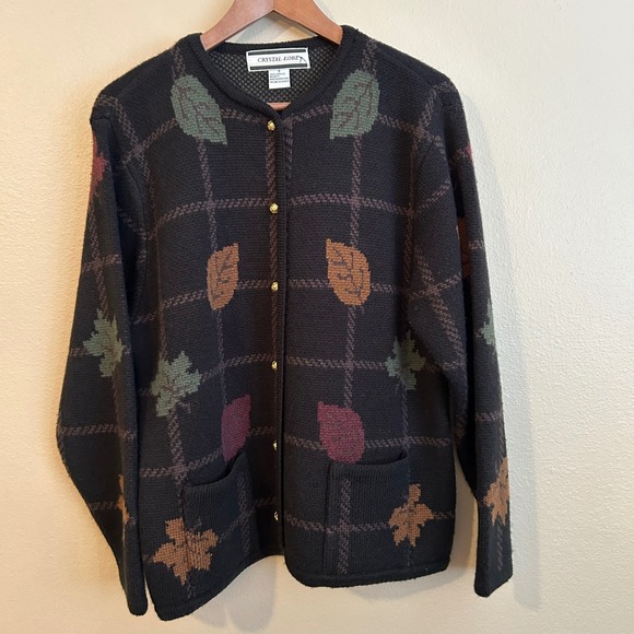 Vintage Fall Leaf Grid Crystal Kobe Oversized Sweater Cardigan Cozycore - Picture 12 of 12